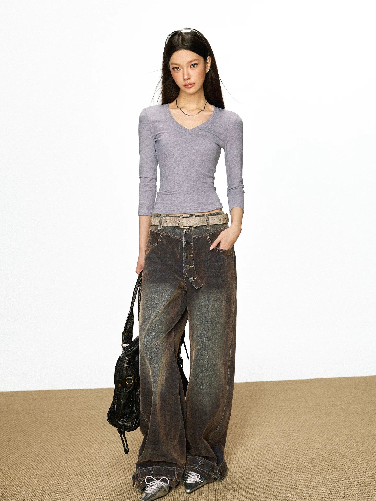 Cherry Melody Retro Slim V-neck Slim Versatile Seven-quarter Sleeve