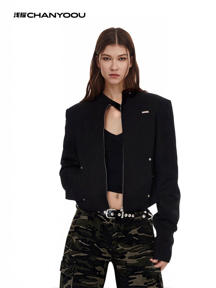 CHANYOOU Vintage Front Shoulder Skinny Stand-Up Jacket