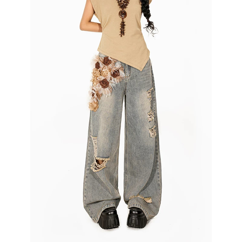 Arielink Three-dimensional Flower Ripped Floor Mopping Jeans