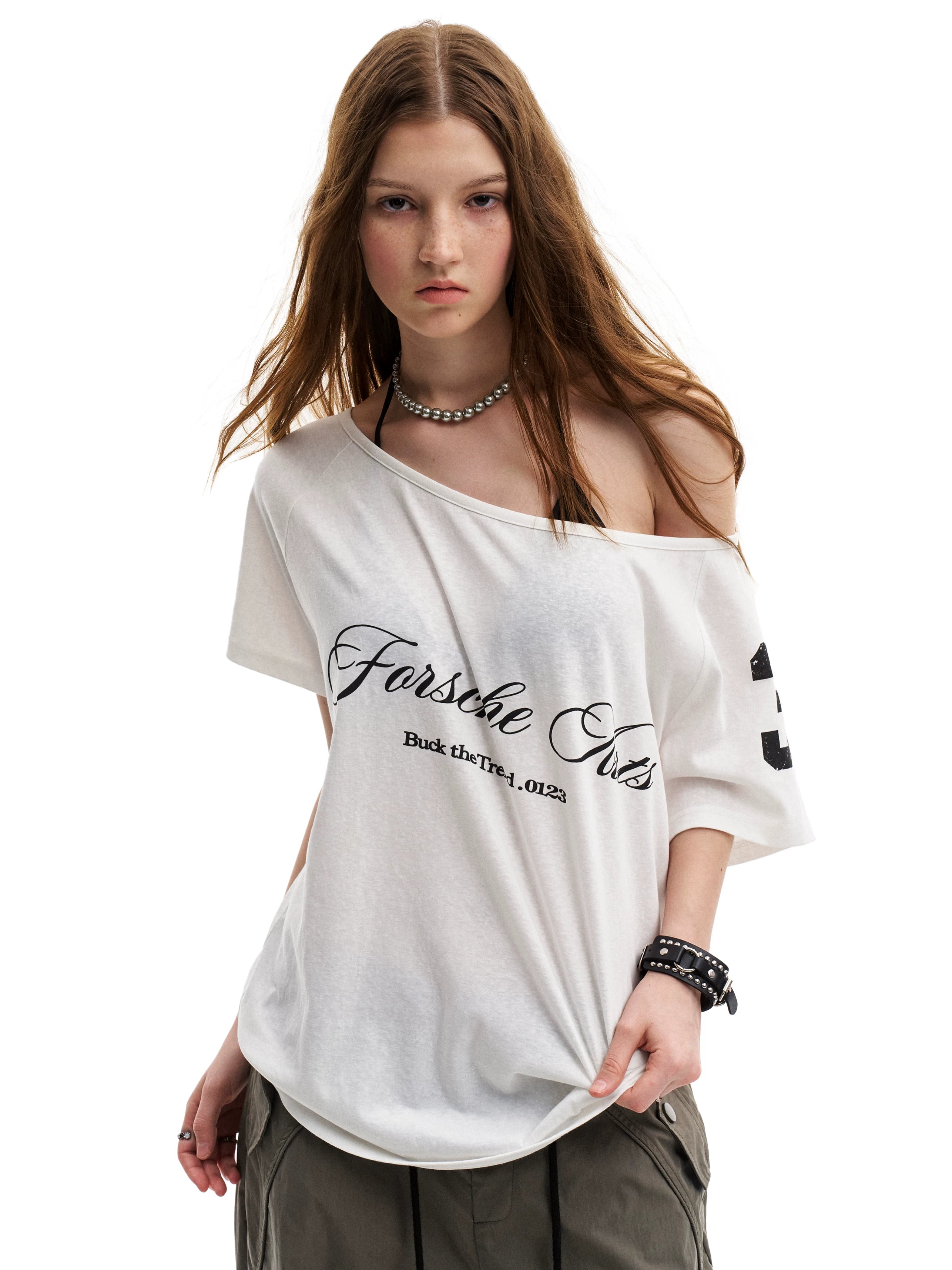 0123Start Slanted Shoulder Loose Lazy Tee