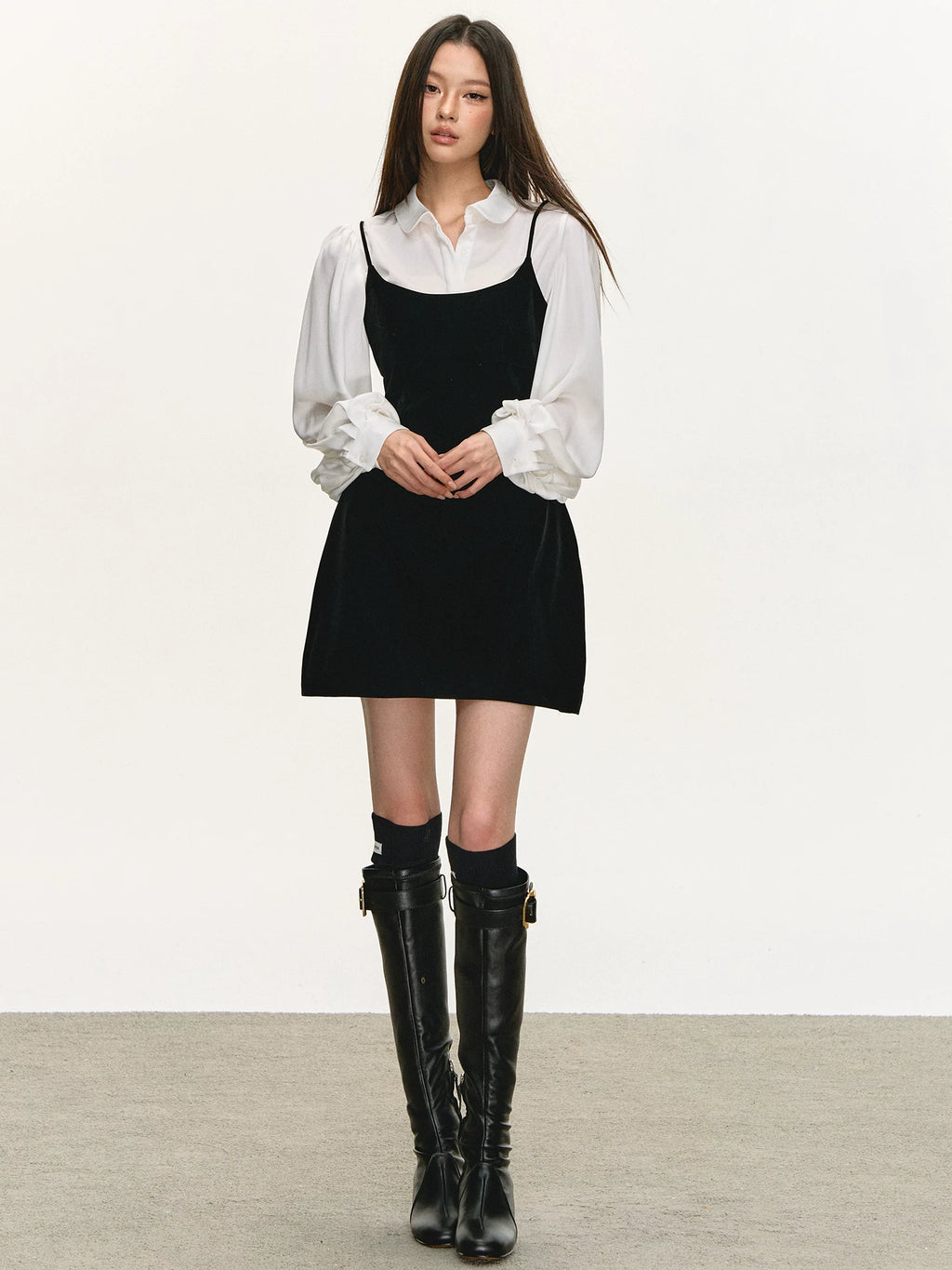 Anna Aneae Long Sleeve Shirt Stacked Velvet Suspender Dress Set