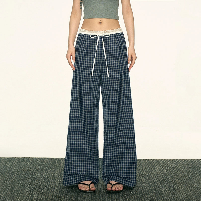 Aaisup Vintage Plaid Lace Spliced Bow Wide Leg Pants
