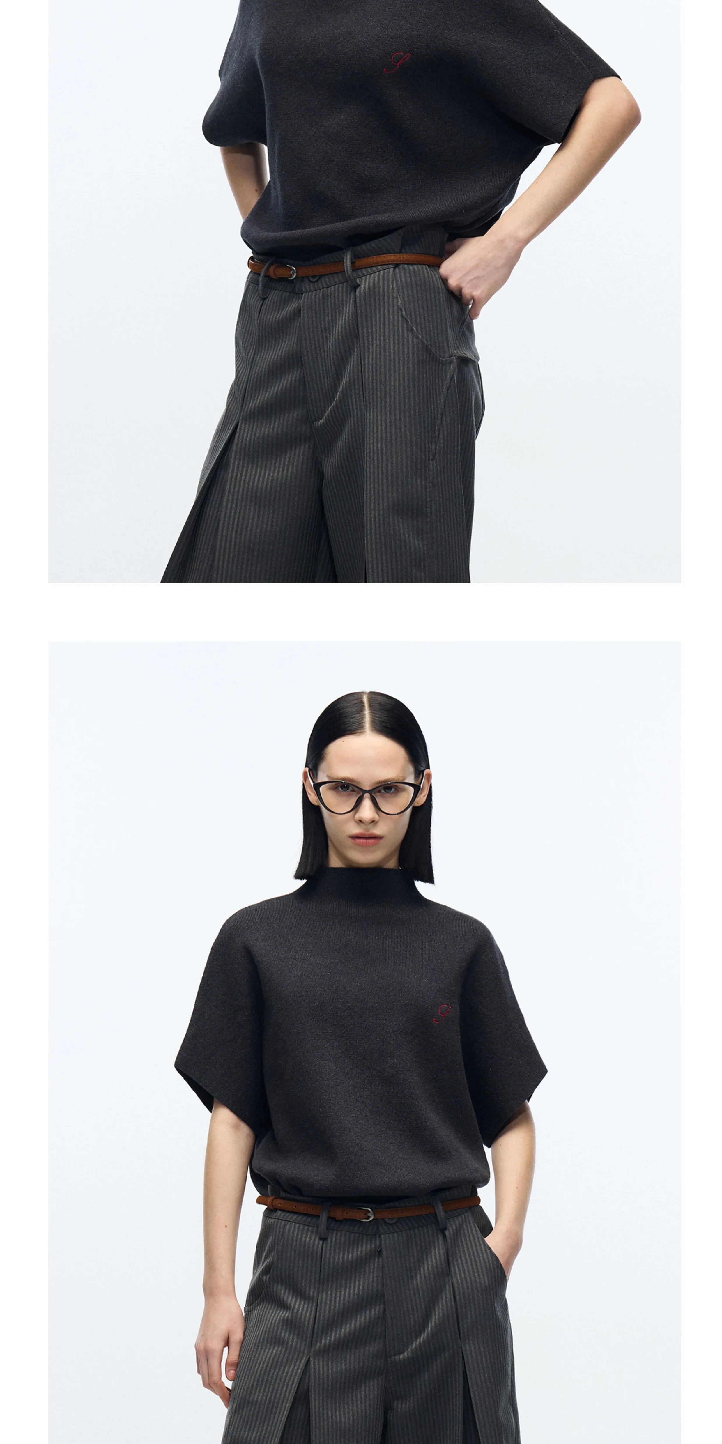 Slight Vogue Mid-turtleneck Knit Embroidery Tee