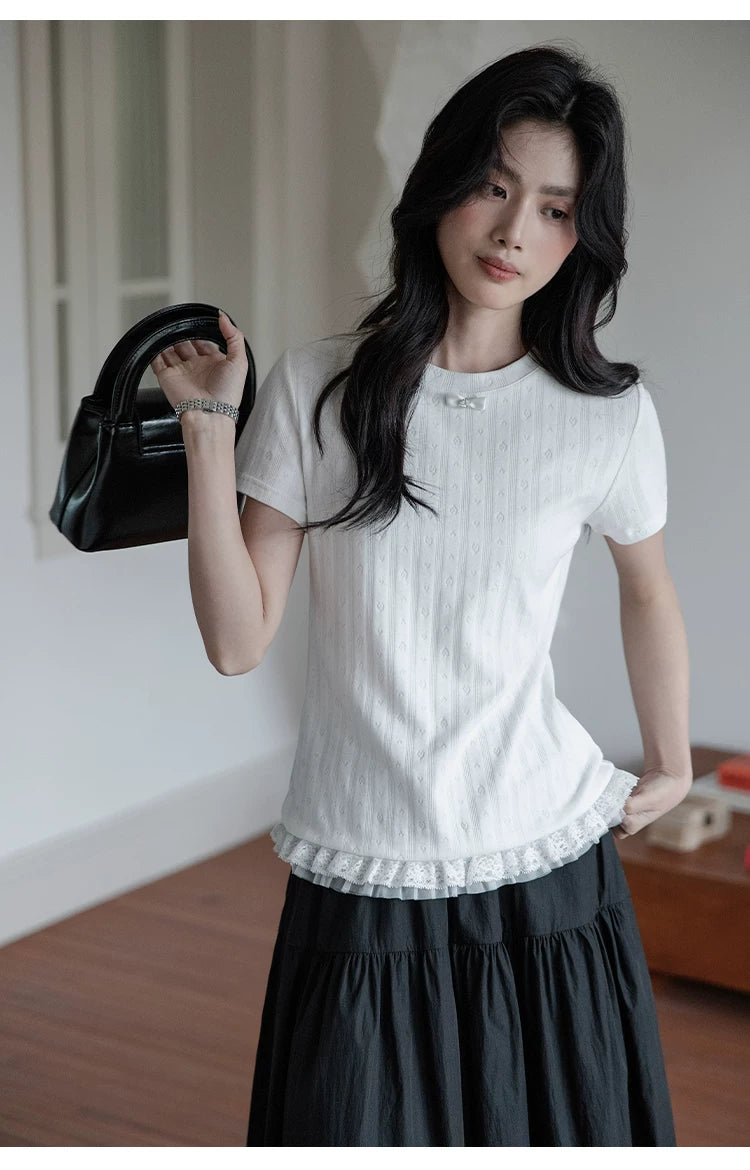 XUJING Front Shoulder Lace Edge Hem Waist Thin Tee
