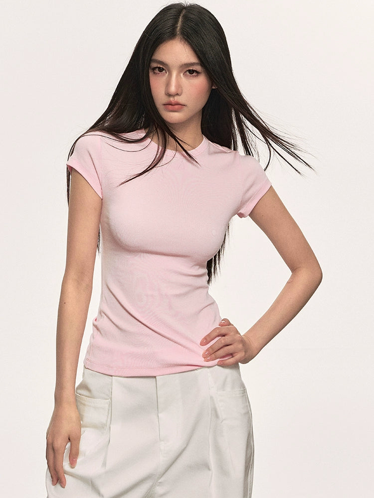 Anna Aneae Straight Shoulder Simple and Versatile Crew Neck Slim Fit Tee