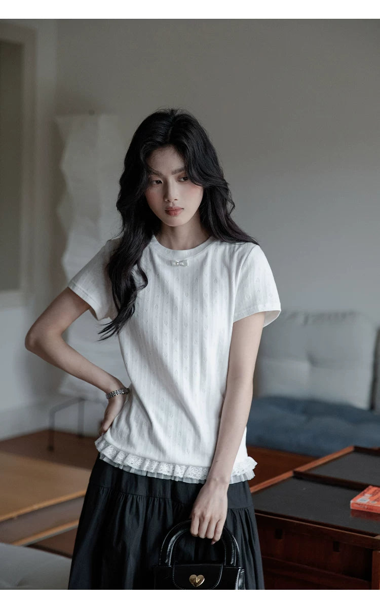 XUJING Front Shoulder Lace Edge Hem Waist Thin Tee