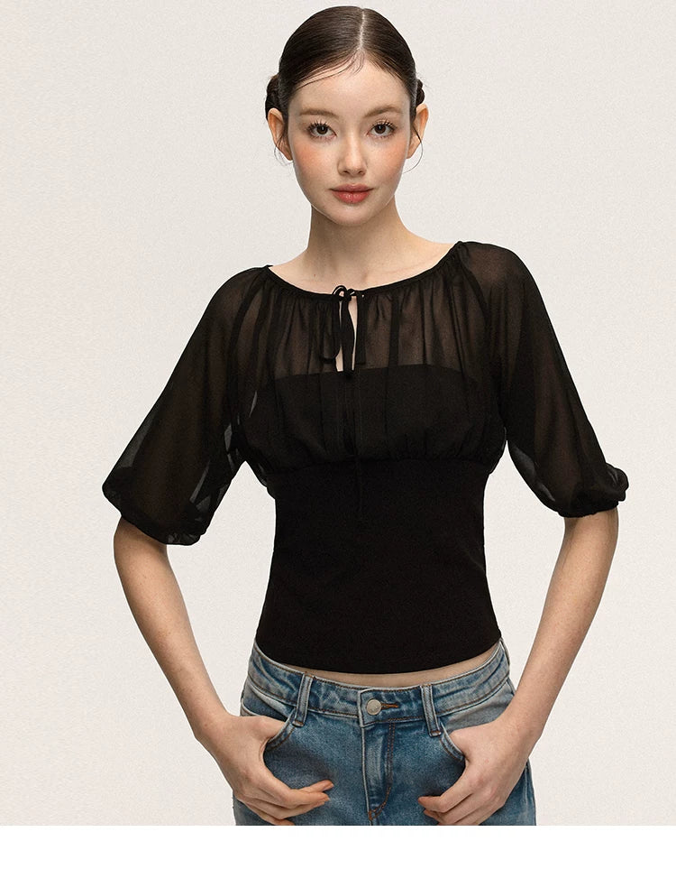 Anna Aneae Mesh Stitching Lace-up Waist and Thin Tee