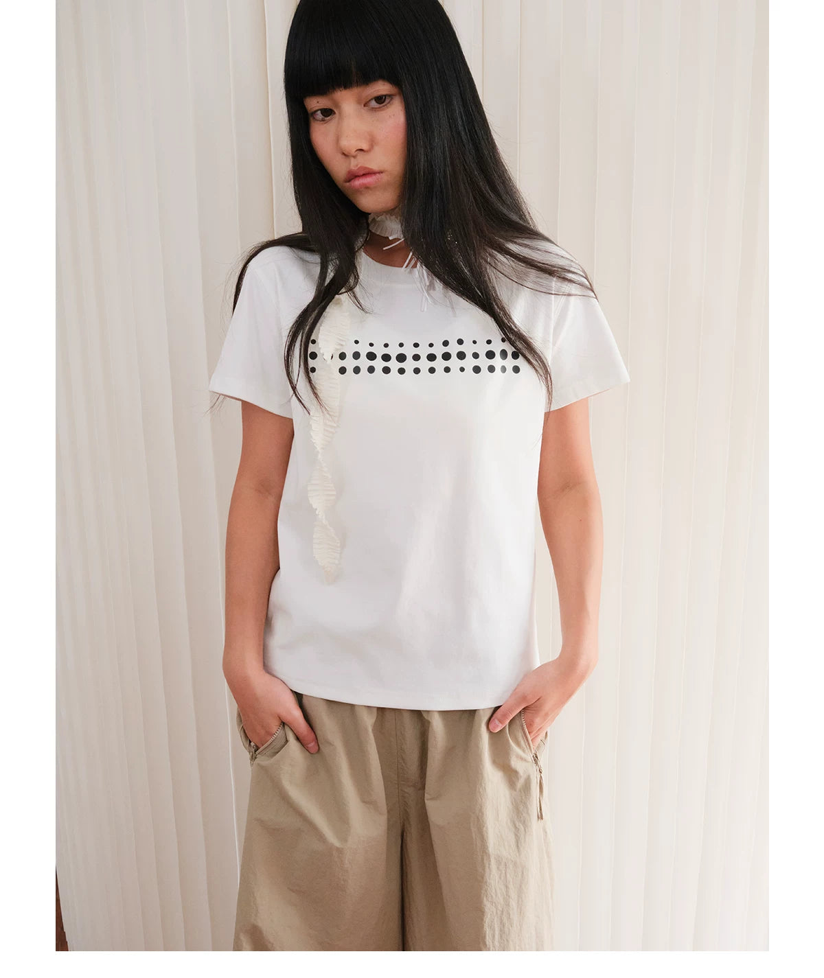 FUNKYFUN Irregular Polka Dot Print Front Shoulder Tee