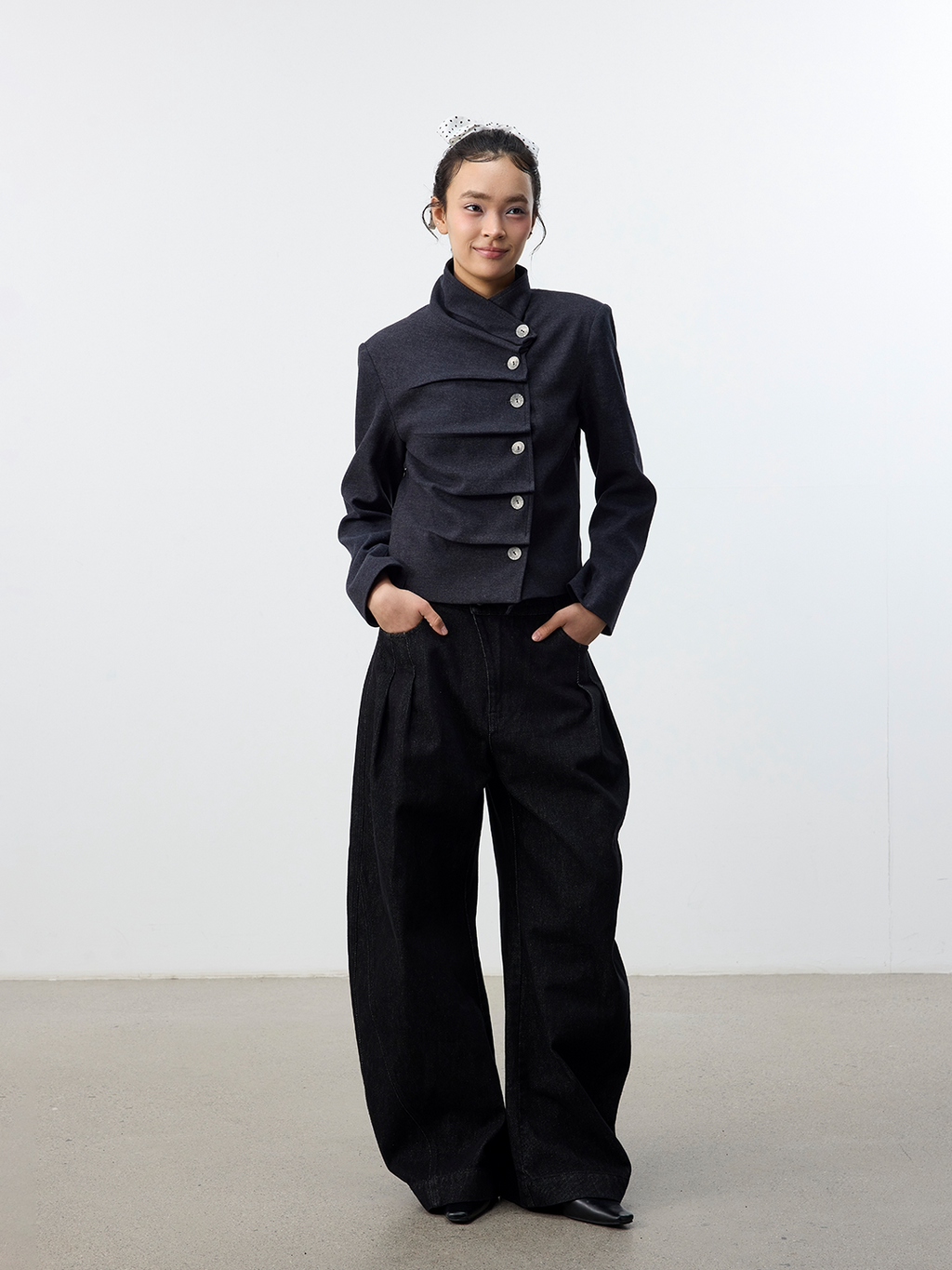 Set for Life Three-dimensional Pinch Pleated Oblique Placket Slim Short Jacket