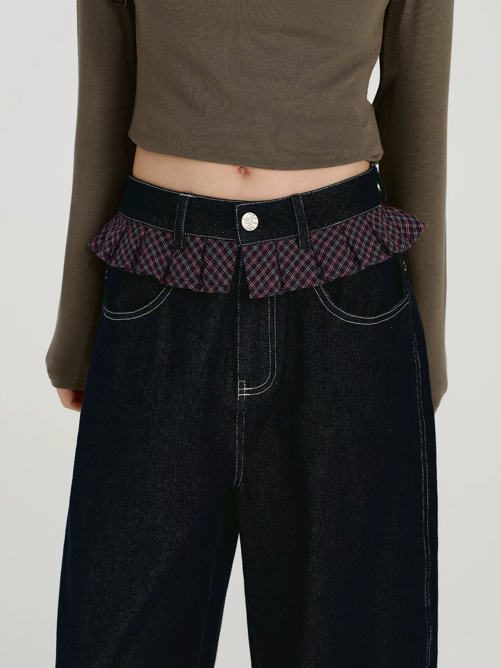 Girlyhalo Vintage Checked Lace Splicing Denim Scimitar Pants
