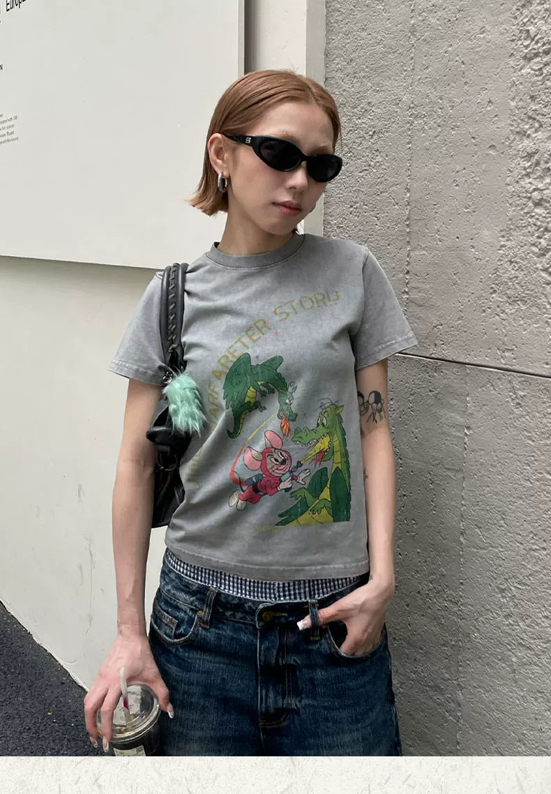 MMBBT Funny Cartoon Print Crew Neck Tee