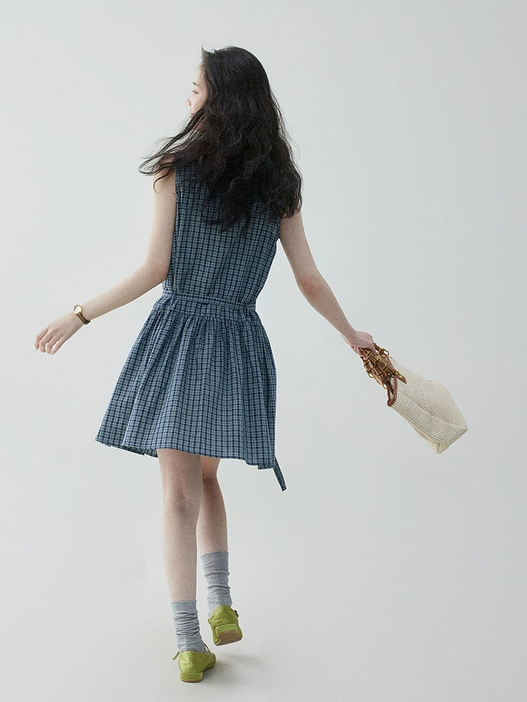VOOE Retro Contrasting Plaid Waist Strap Dress