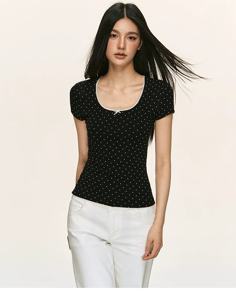 Anna Aneae Polka Dot Lace Edge Square Collar Slim  Tee