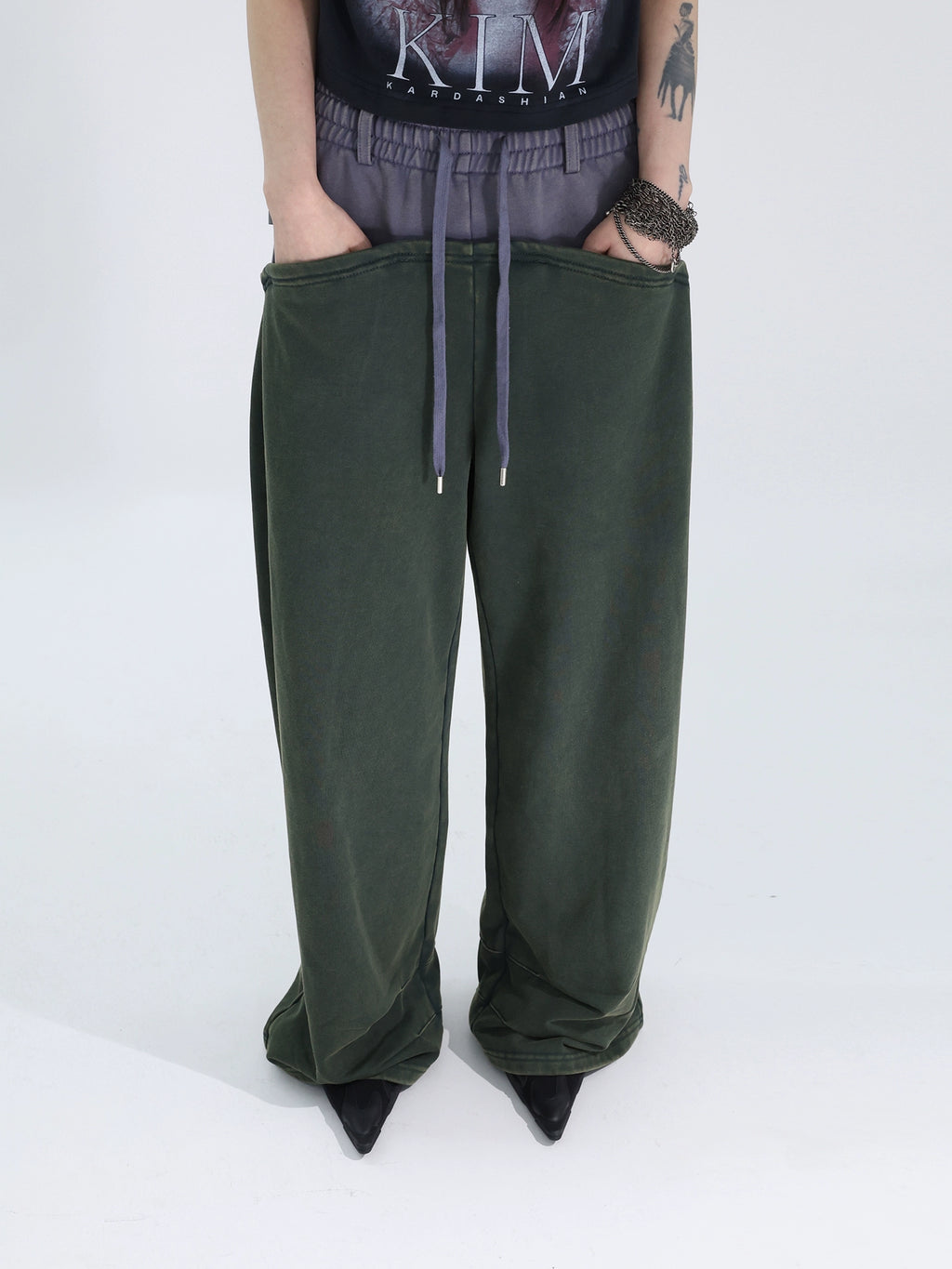 FUZZYKON Loose Old Splicing Double Waist Sweatpants