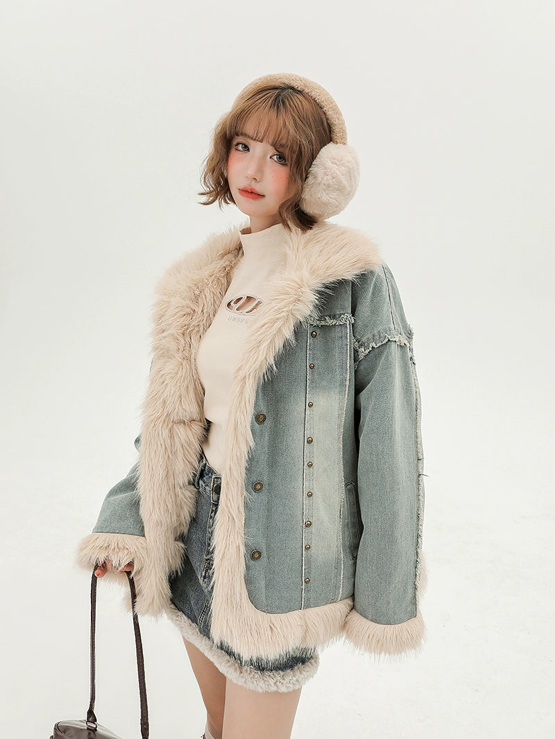 Girlyhalo Vintage Plush Denim Jacket