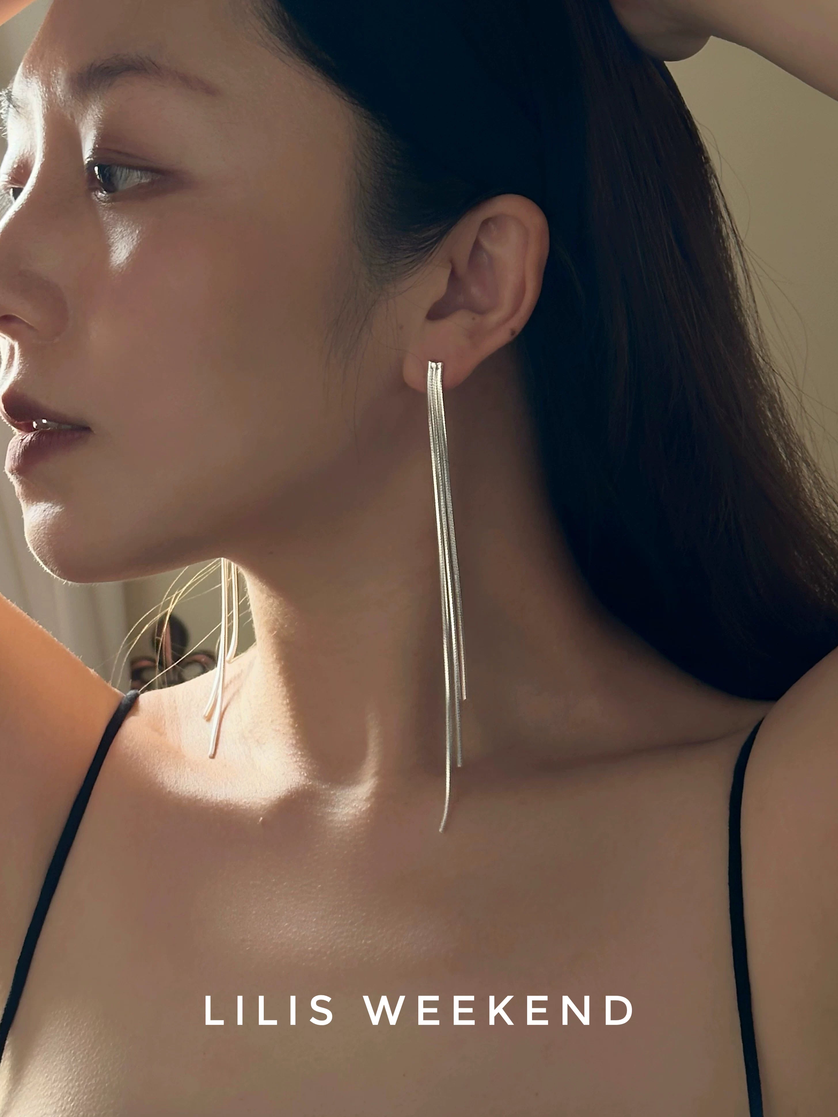 Lilis Week Extra Long Fringed Minimalist Stud Earrings