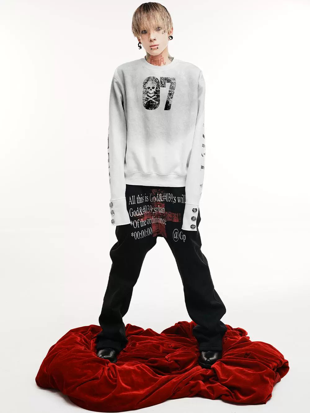 DETW 24AW spray dirty splicing breasted short wide boxy 350g round neck long sleeve pure cotton sweater