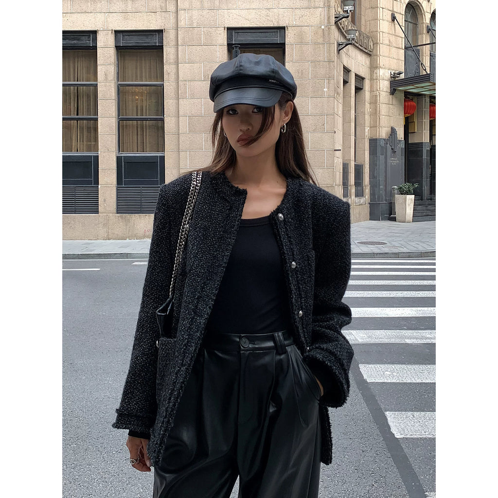 Ousph Crew Neck Temperament Woolen Short Coat