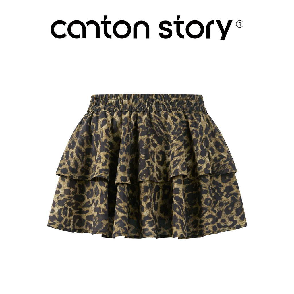 Cantonstory V-neck Shoulder Tee Leopard Print Skirt Suit