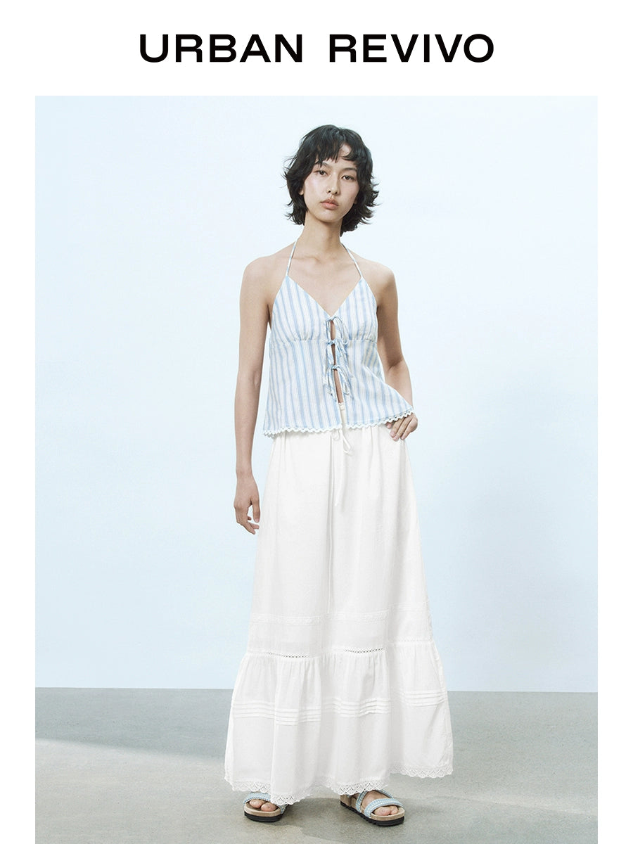 URBAN REVIVO Wave Splicing Lace Skirt