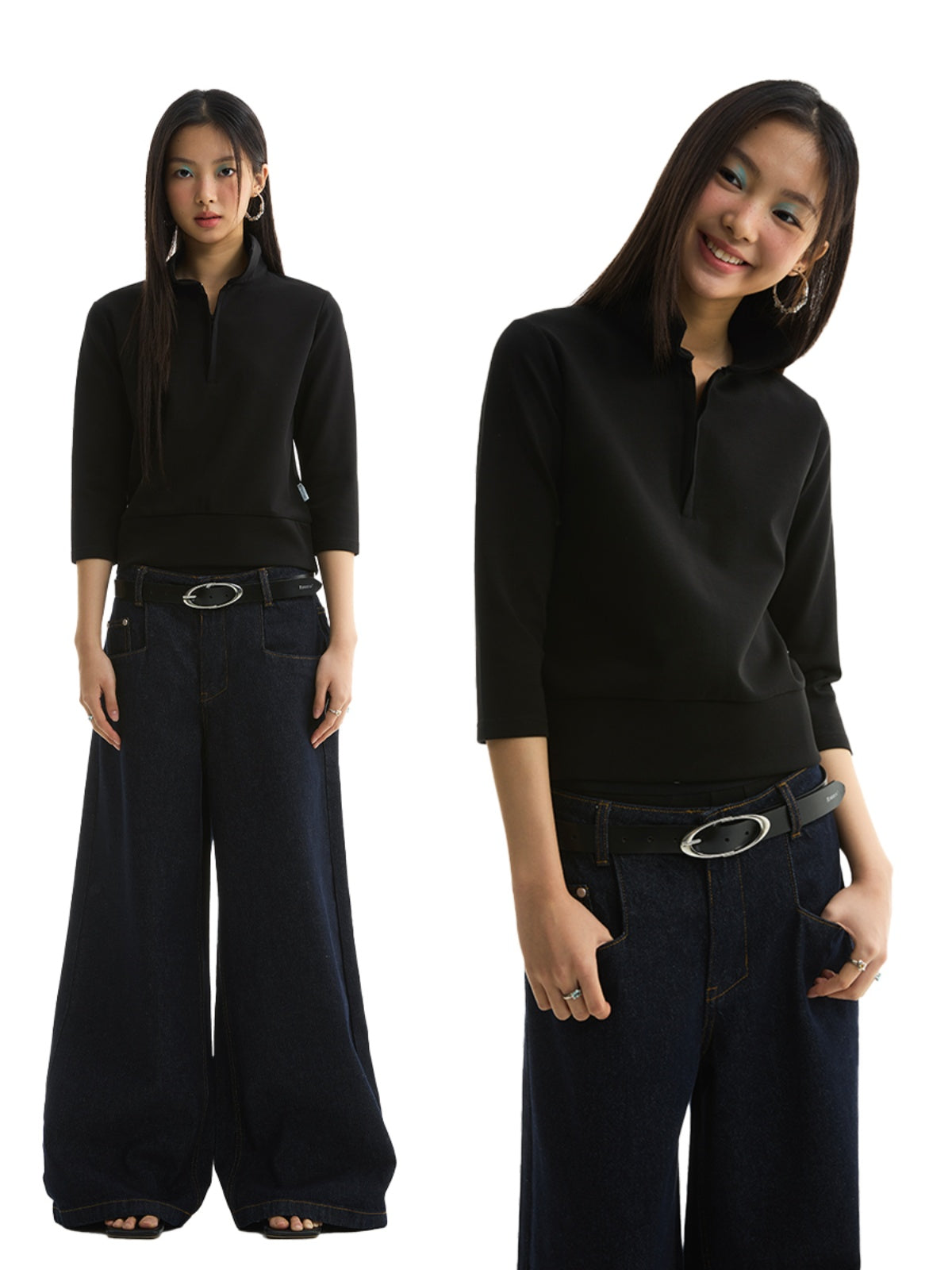 FUNKYFUN Half Zipper Simple Seven-quarter Sleeve Tee
