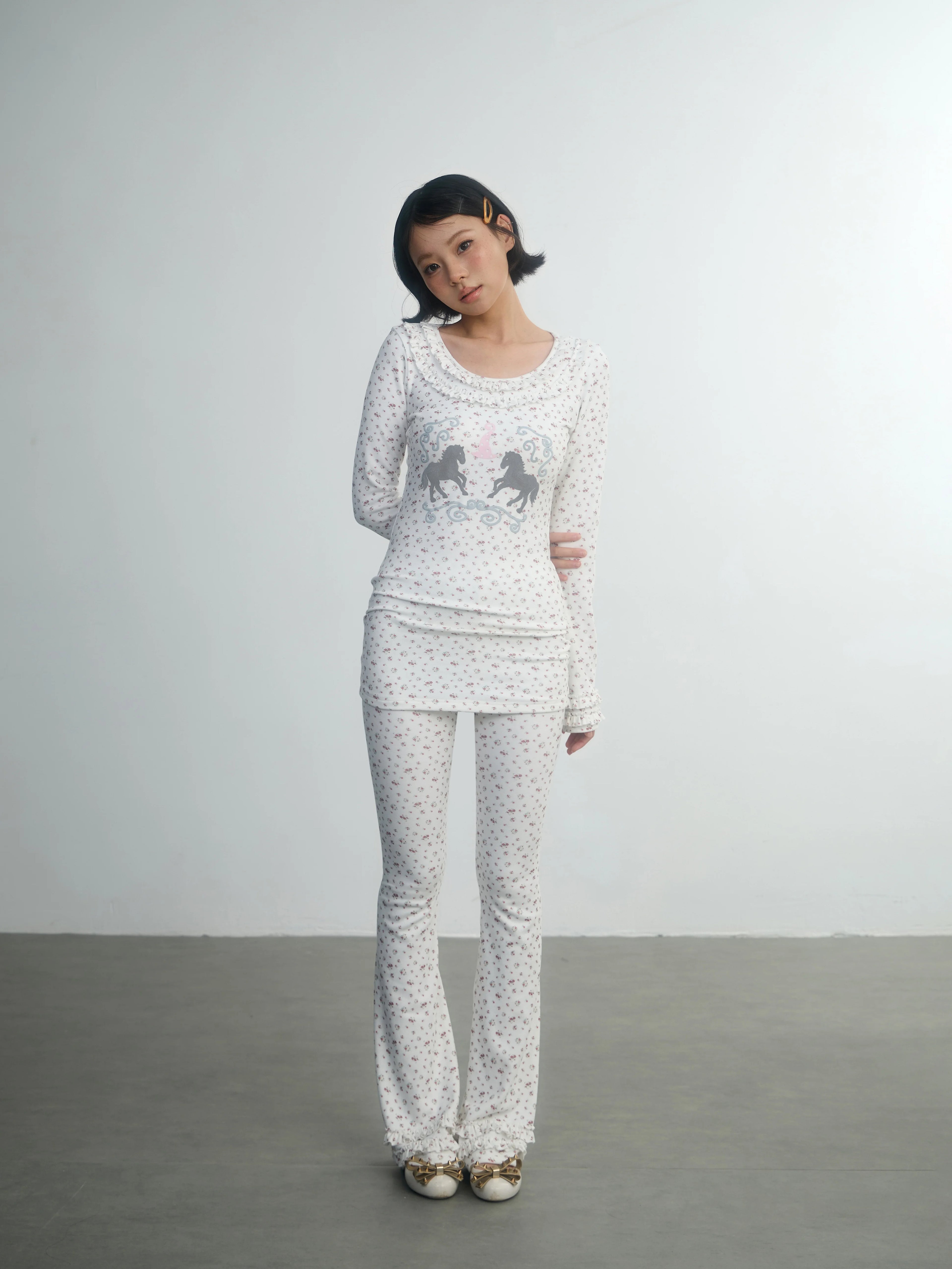 In Two Twos German Velvet Micro-flared Leggings Floral Trousers