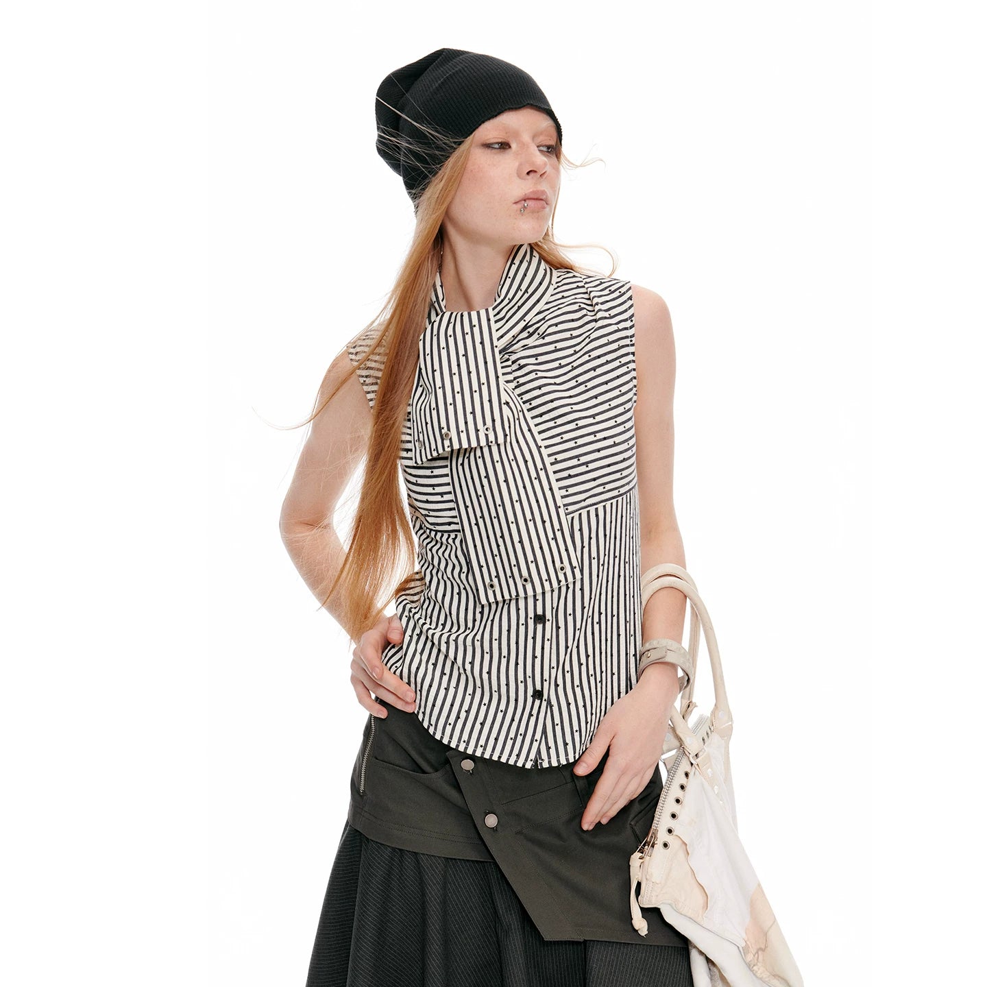 JIKOO Striped Polka Dot Patchwork Streamer Sleeveless Tee