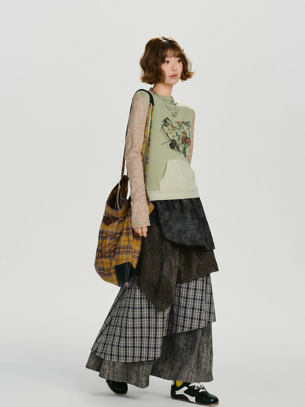 Girlyhalo Vintage Plaid Multi-Layer Cake Skirt