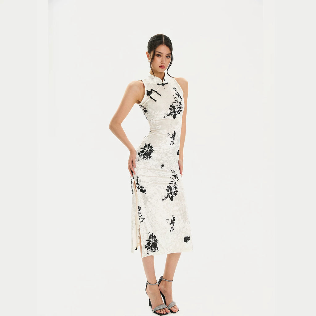 FINDYAWINGS Waist Ink Printing Long Cheongsam Dress