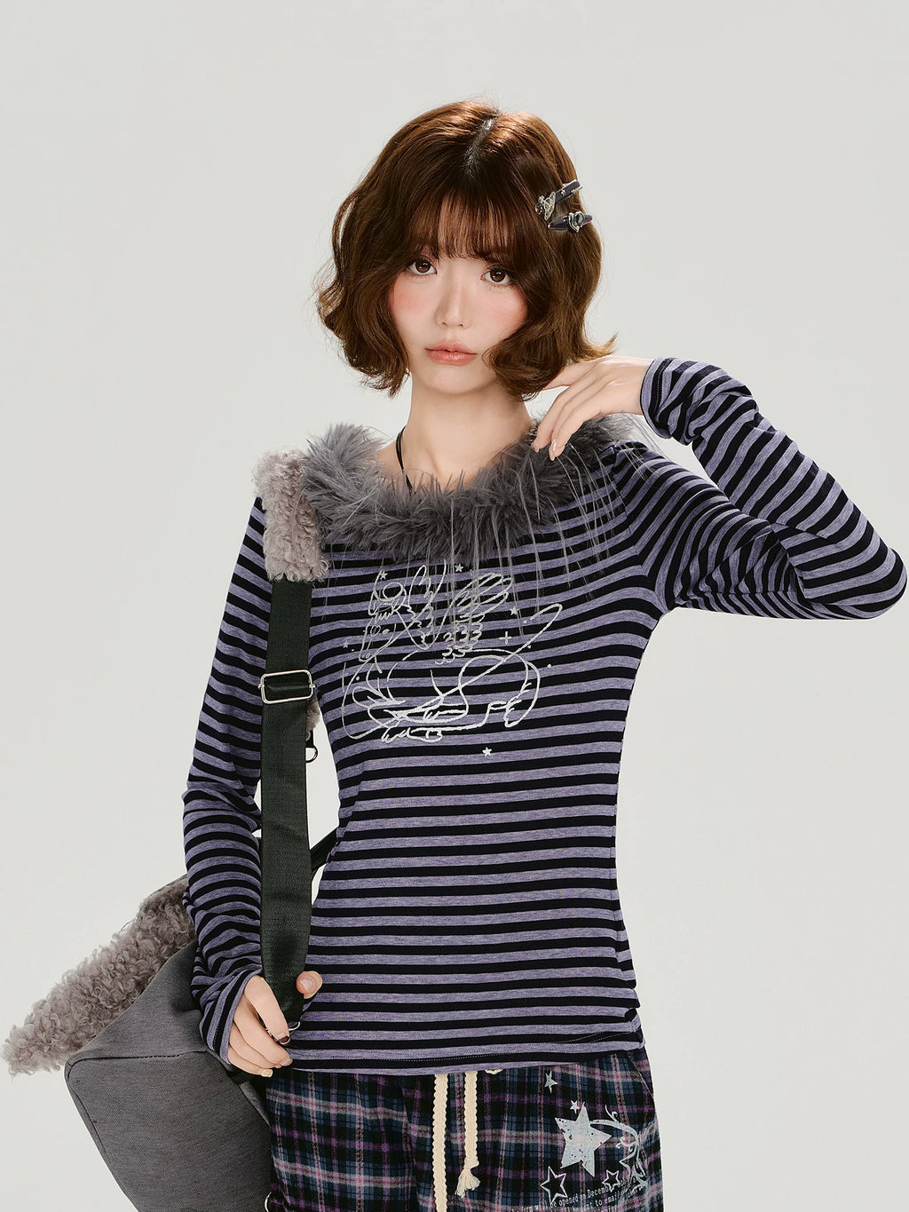 Girlyhalo Vintage Fur Collar Embroidered Striped Slim Sleeve