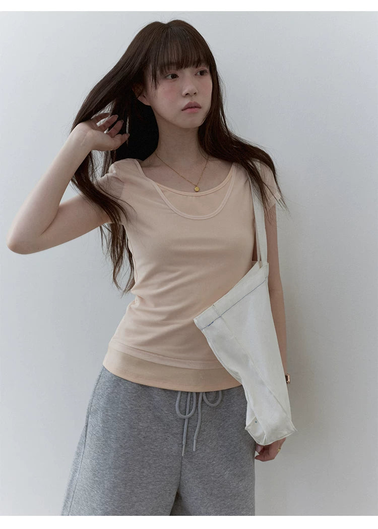 VOOE Fake Two-piece Splicing Mesh Slim Tee