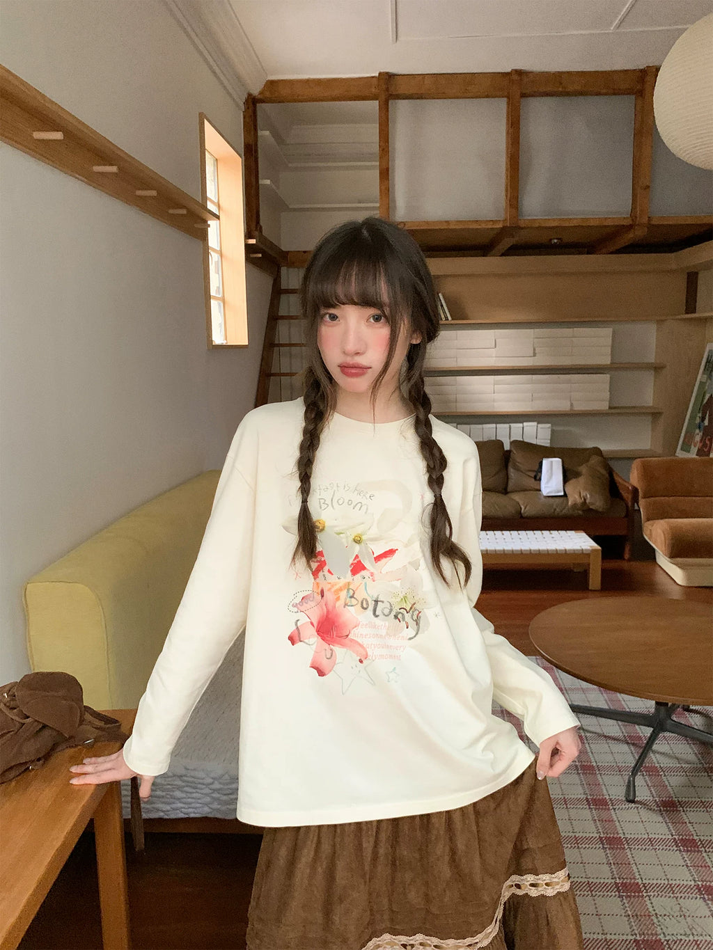 Kano Plant Print Loose Lazy Style Long Sleevest