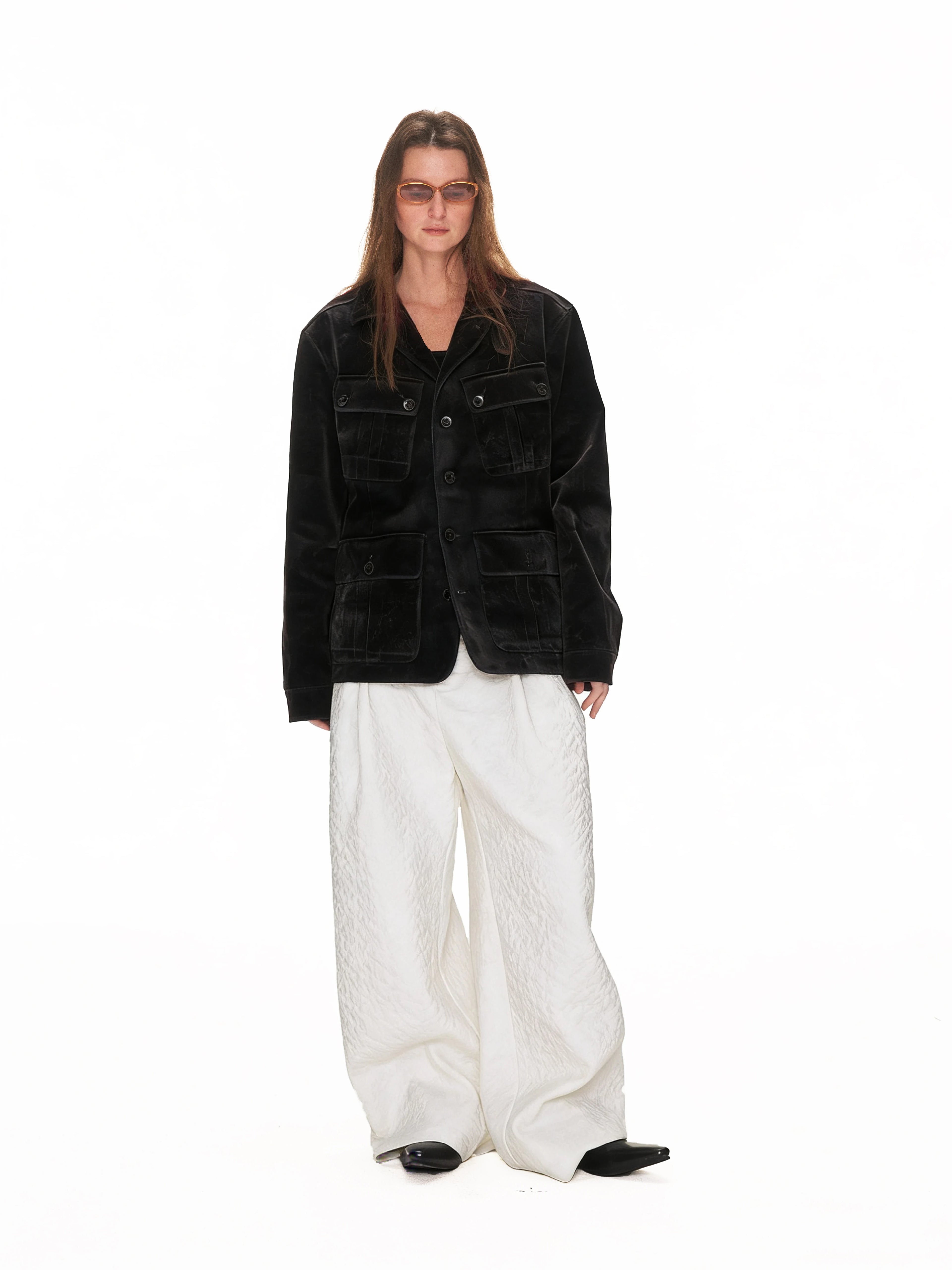 ANTERIOR LOVED Fleece Multi-pocket Denim Slim-fit Stand-up Jacket
