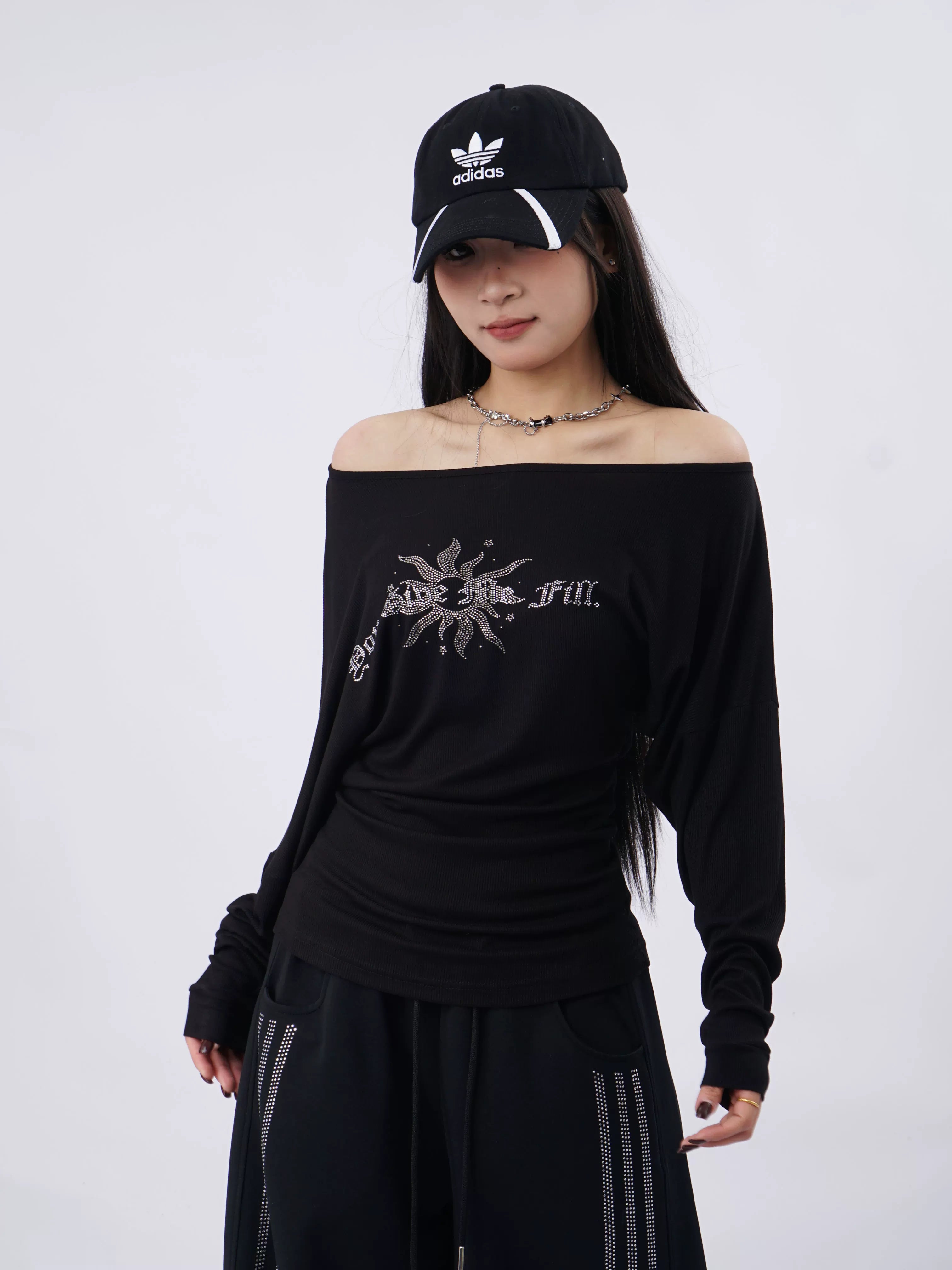 SAMUSAN Letter Hot Diamond Slash Shoulder Long Sleeve