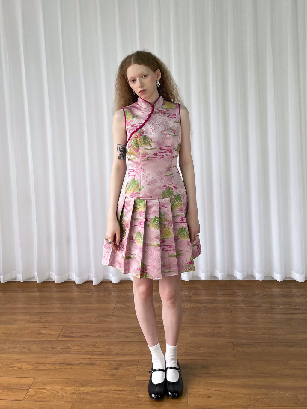 Loosesmell Pleated Thin Jacquard Sleeveless Cheongsam Skirt