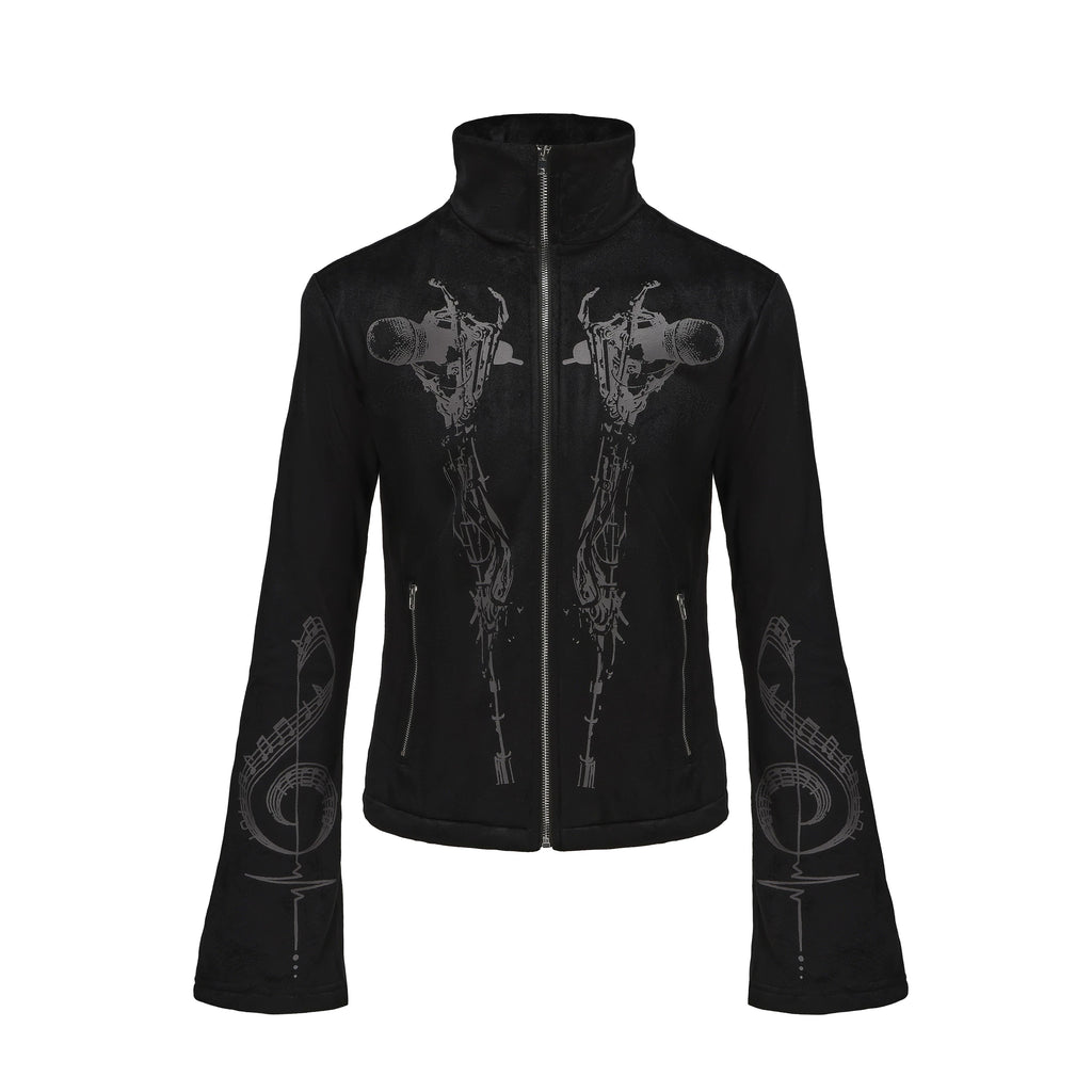 PAIKI Skull Singer Music Notes Stand-up Collar Velvet Jacket