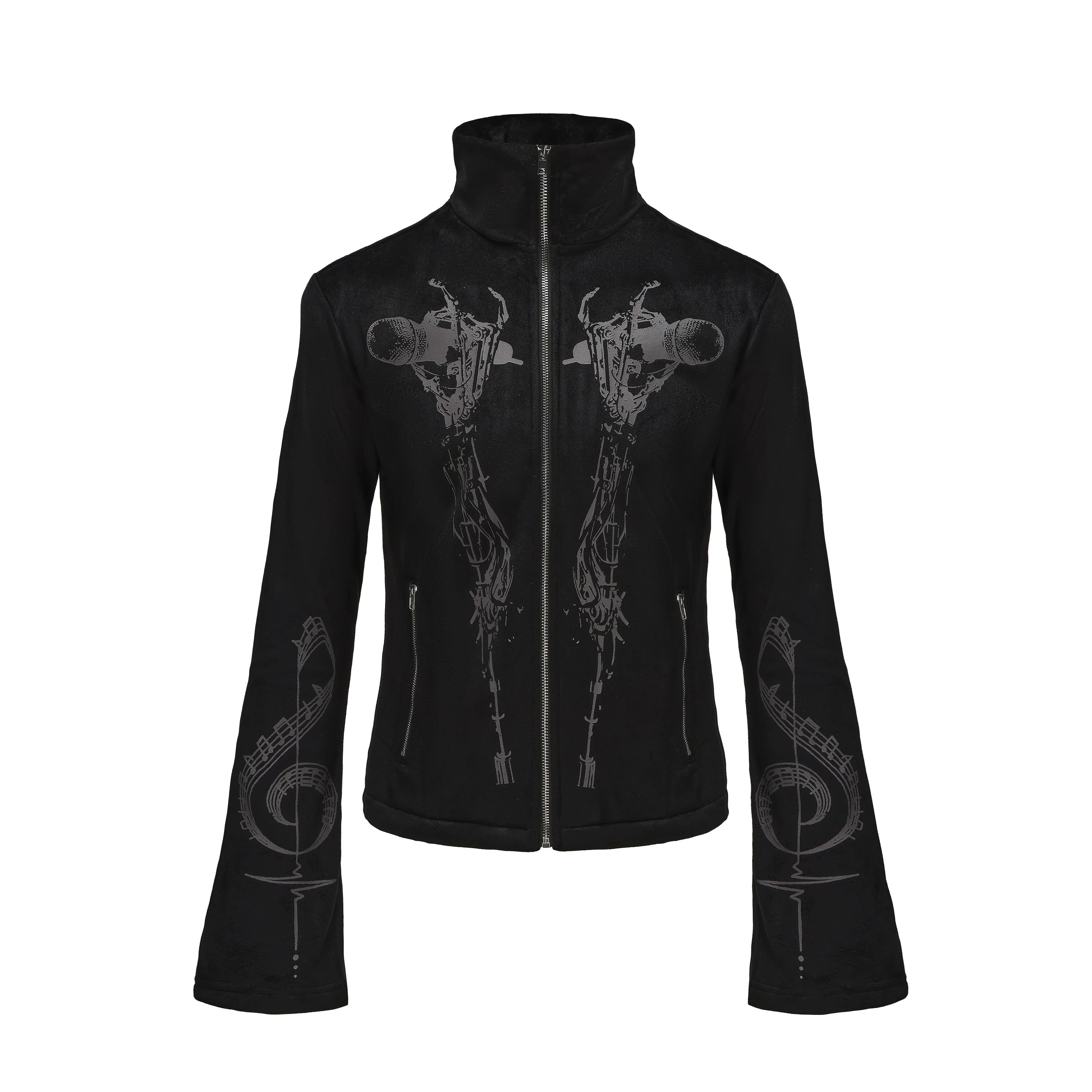 PAIKI Skull Singer Music Notes Stand-up Collar Velvet Jacket