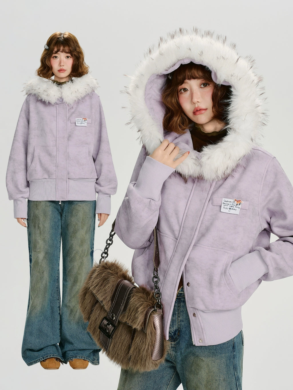 Girlyhalo Vintage Fur Collar Slim Fit Hooded Jacket
