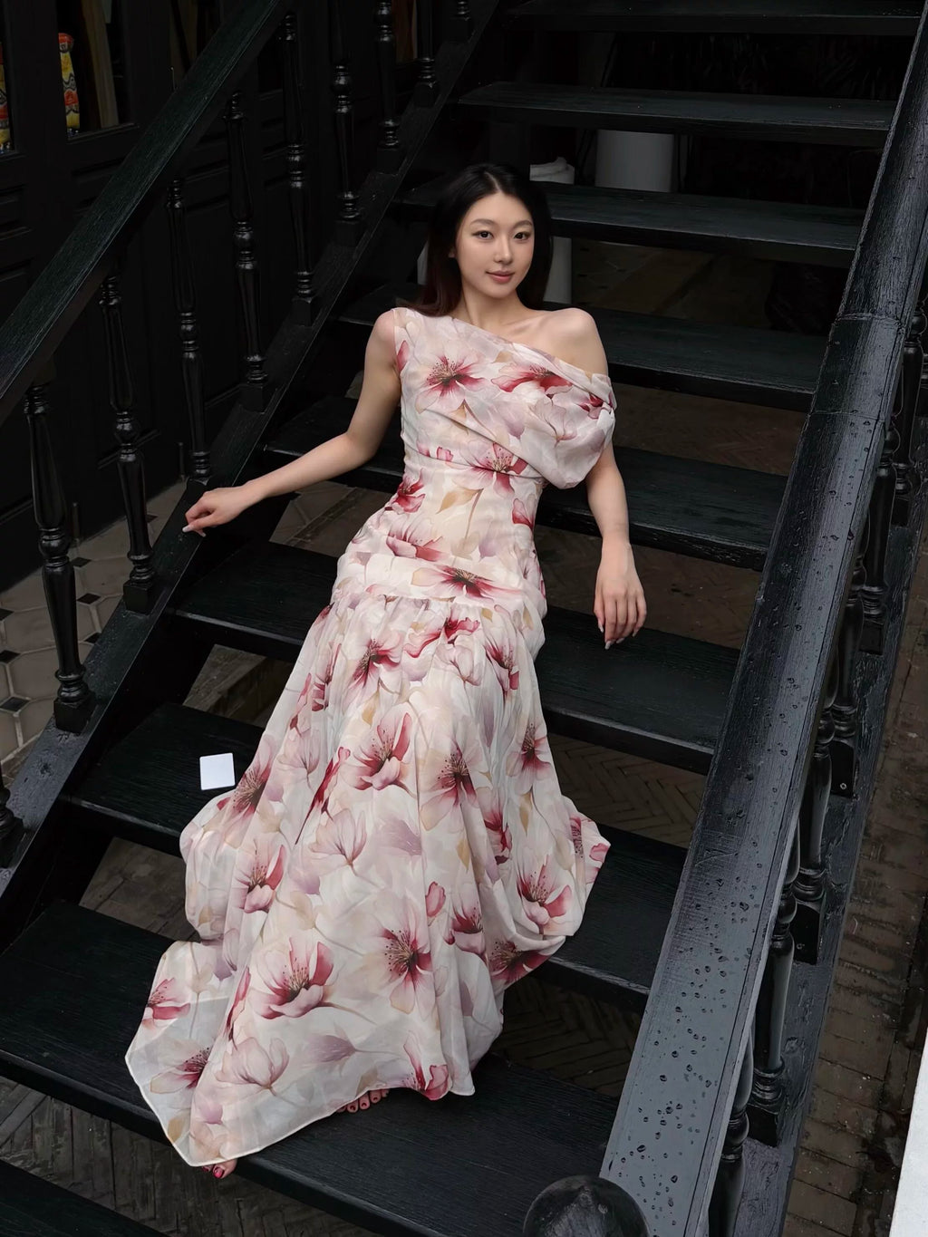 1S Diagonal Neck Off-the-shoulder Floral Dress