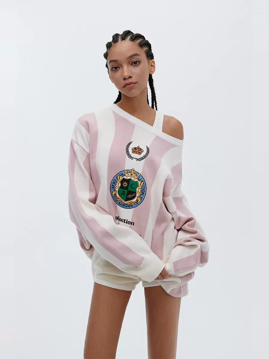 ATRY Striped Badge Vintage Loose Sweater