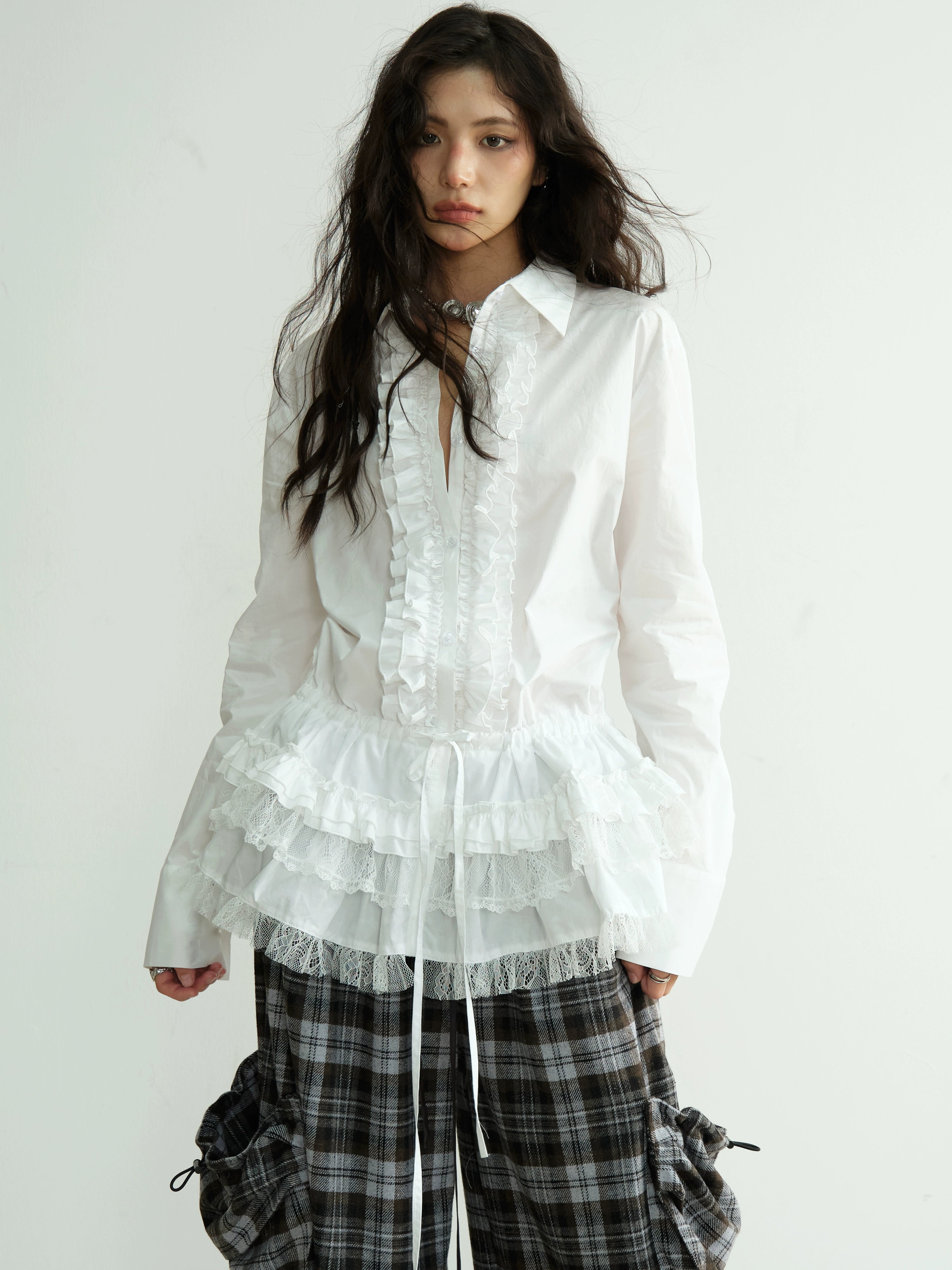 JNYLON Lace Skirt Waist-strapped Long Shirt