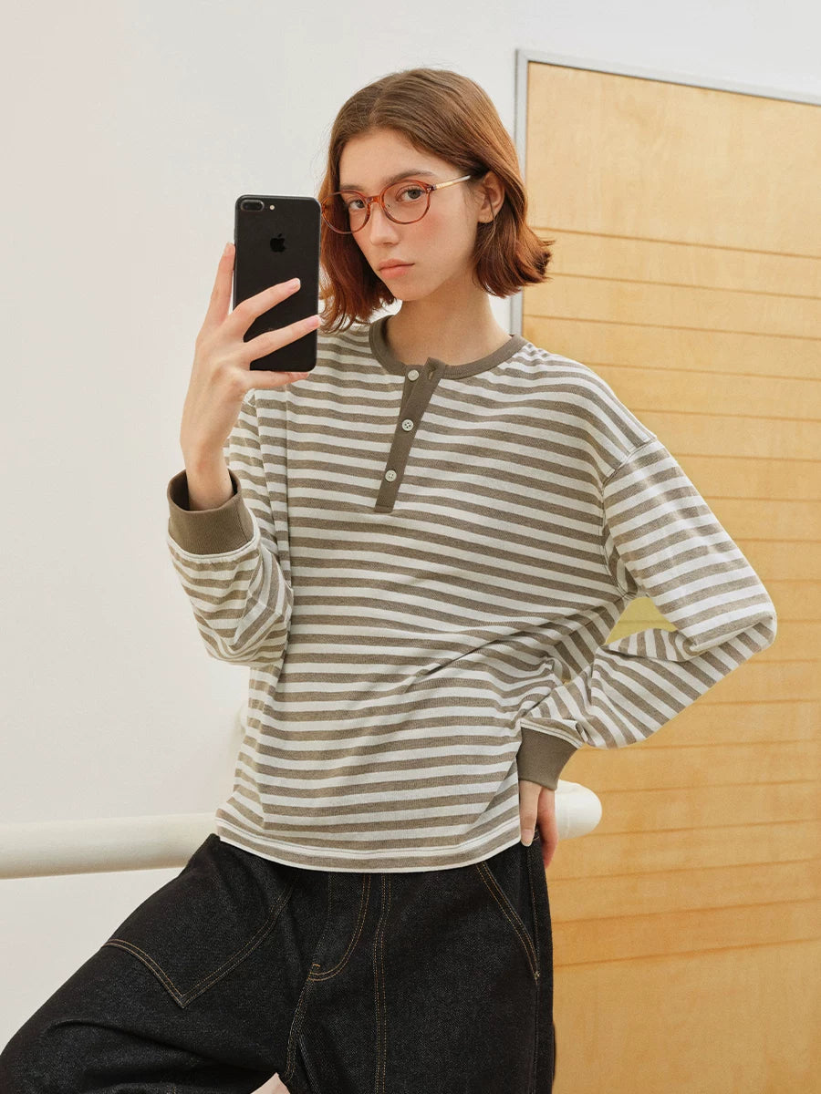714Street Linen Blended Henry Neck  Striped Long SleeveT-Shirt