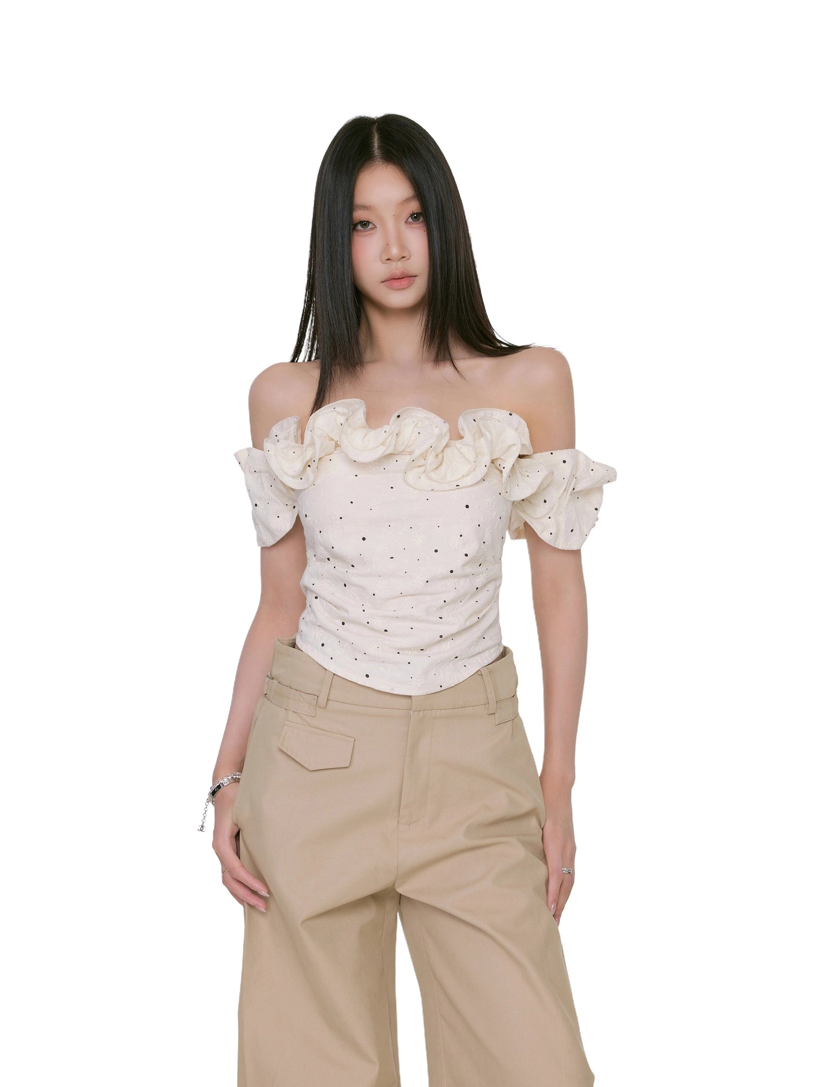 WITHMIN One-word Shoulder Polka Dot Waist Shirt