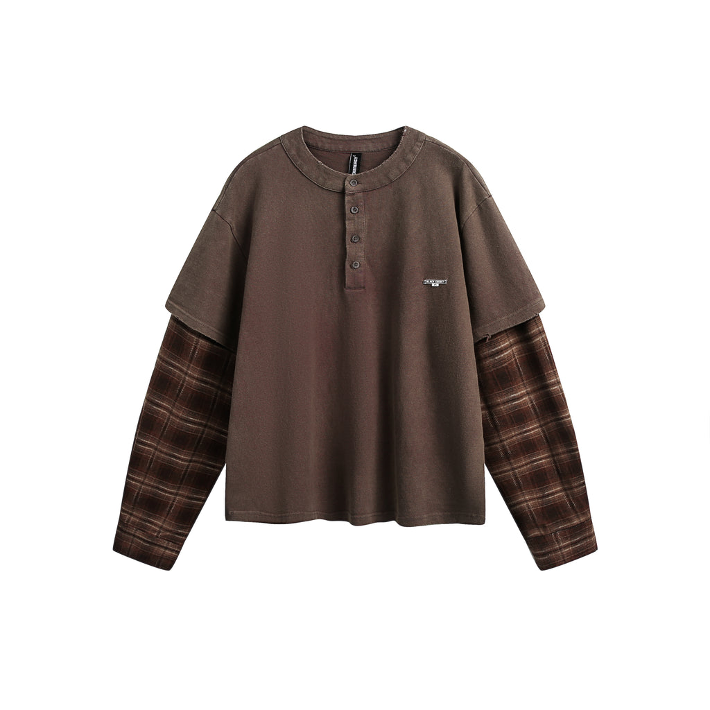 BTSG fake two-piece plaid splicing long sleeve tee