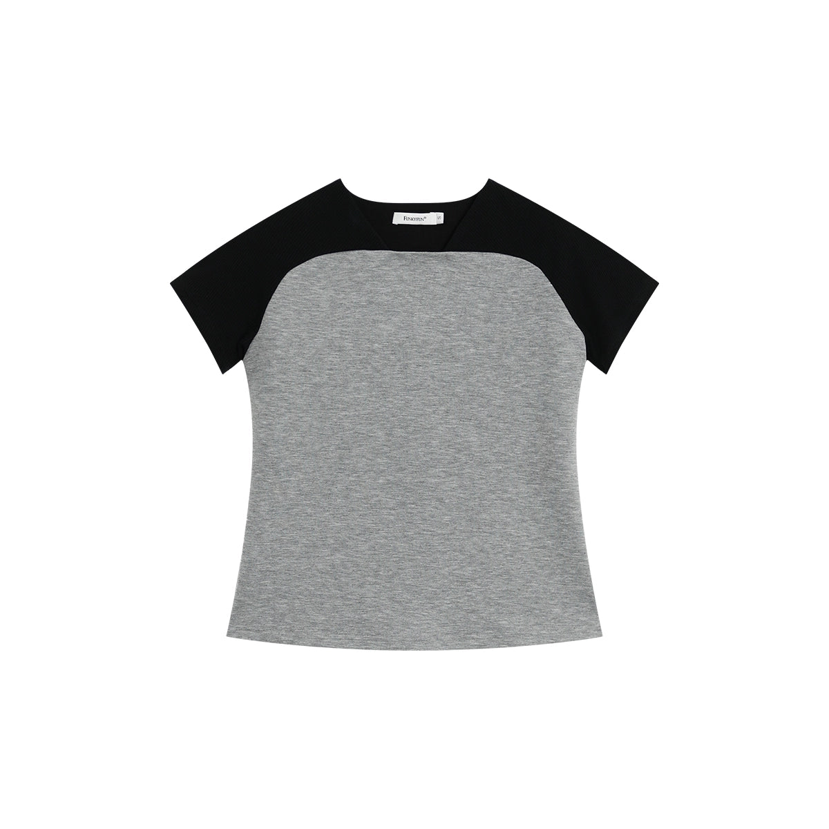 FUNKYFUN contrasting curved shoulder splicing V-neck tee