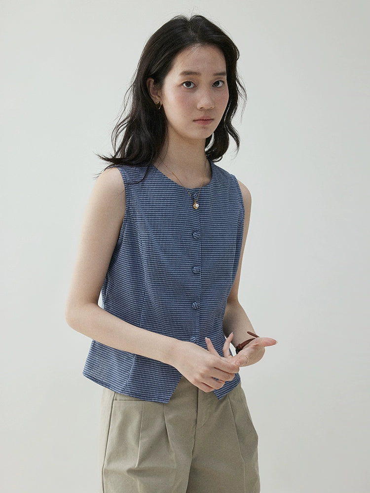 VOOE Contrast Checked Crew Neck Sleeveless Vest