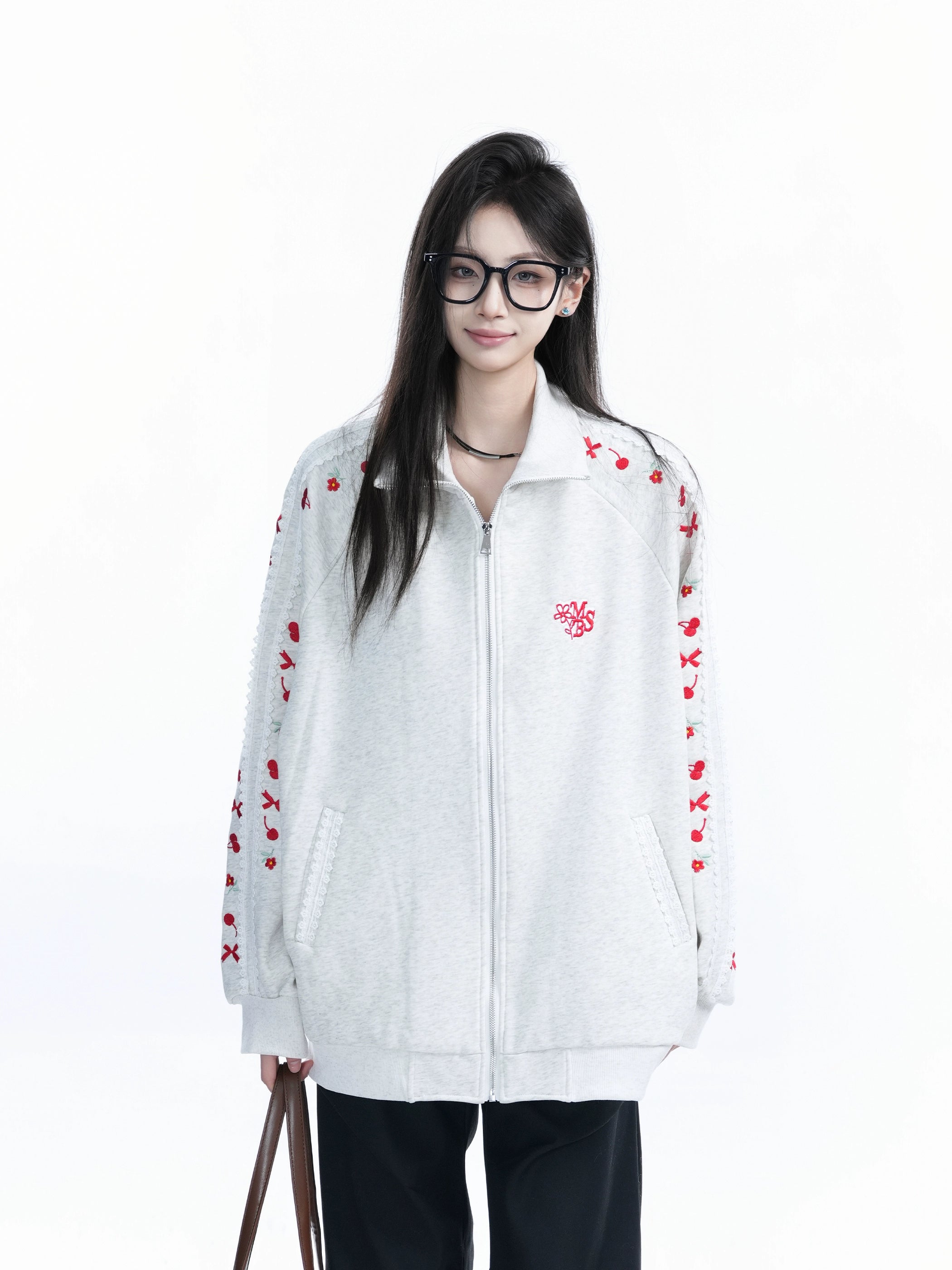 Zuocisankon Vintage Cherry Bow Embroidered Cardigan Sweater