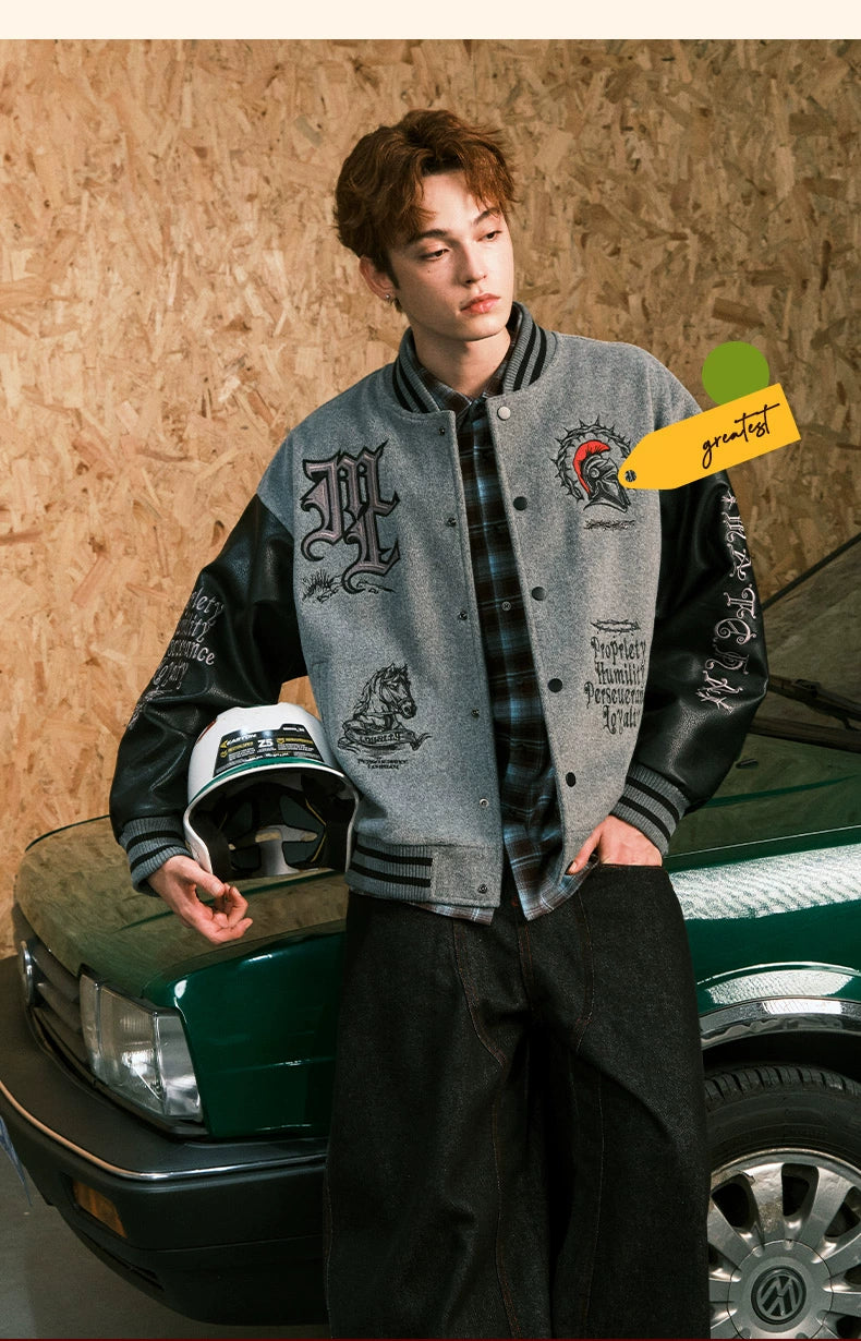 MATCHA STORY Leather Embroidered Baseball Jacket