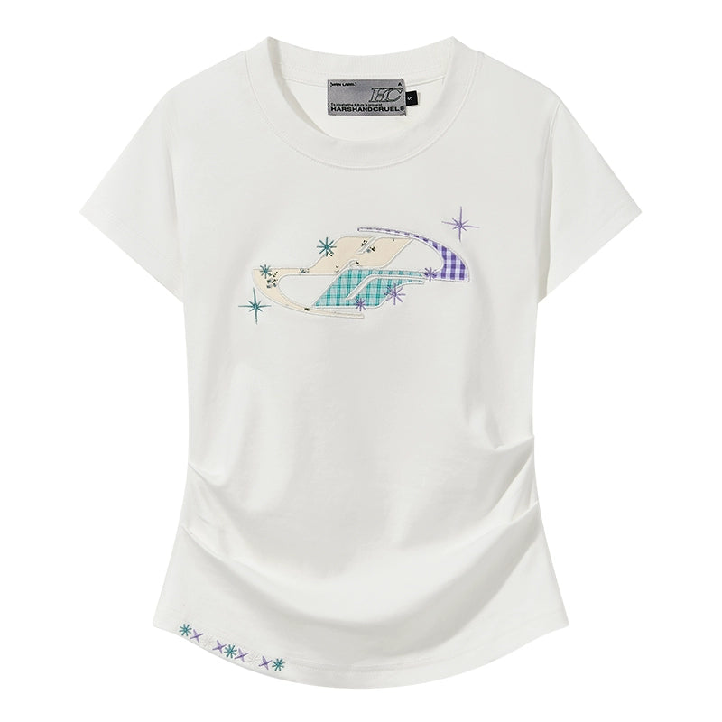 HACR Childlike Floral Applique Embroidered Pleated Slim Tee