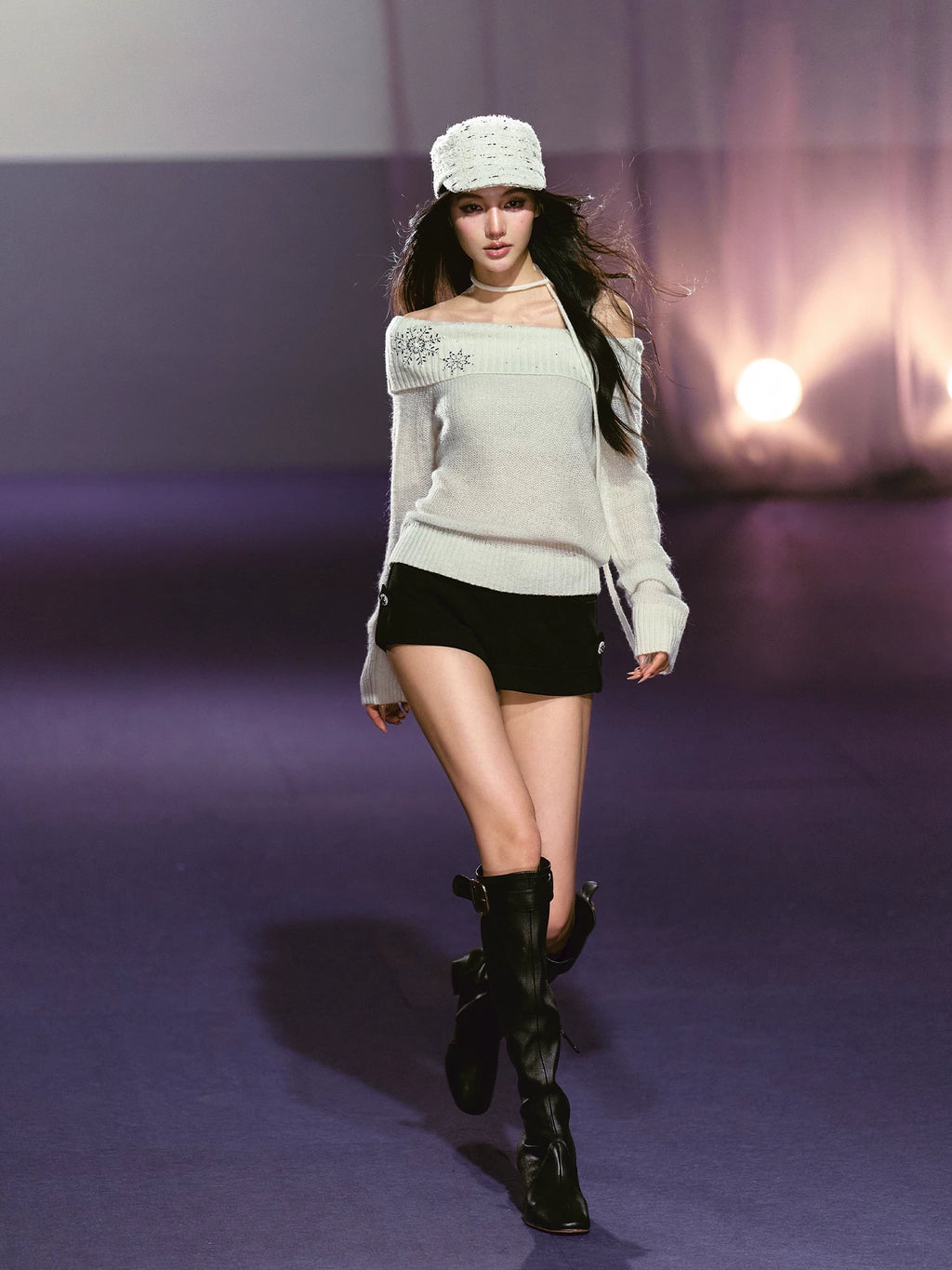 AGAM Hot Diamond Lazy Shoulder Knitted Sweater